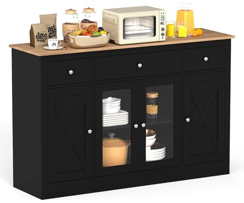 COSTWAY Sideboard, 140 cm, Küchenschrank mit 3 Schubladen, 2 Glastüren & verstellbaren Regalen, Buffetschrank Küchenbuffet Landhausstil, Aufbewahrungsschrank für Küche, Esszimmer, Holz (Schwarz)