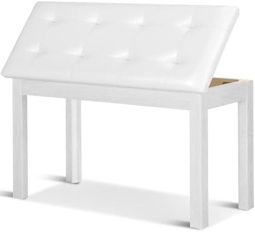 Vediya Duet Piano Bench with Storage - Wooden Solid Wood Piano Bench, Tufted Padded Keyboard Bench, Piano Stool & Piano Chair Seat Vanity Stool, Duet Double Piano Seat (White)