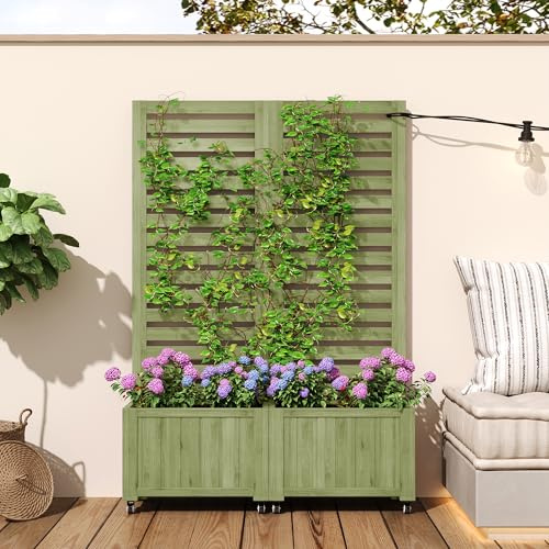Merax Jardinière avec treillis, 2 grilles de jardin & 2 bacs à plantes, bois de sapin résistant aux intempéries, pliable, avec roues universelles, jardinière d’extérieur pour jardin, terrasse, cour