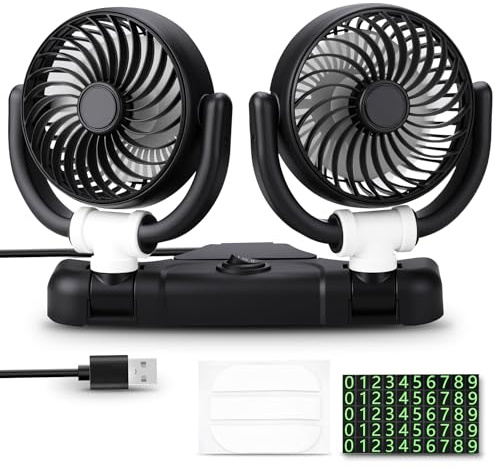 D-Lumina Ventilador de Coche 360 ° Giratorio Cabezas Dobles Ventilador 12v con USB, 2 Velocidades Aire Acondicionado Coche para SUV RV ATV Barco Carro.Placa de Matrícula con Pegatina Gratuita.