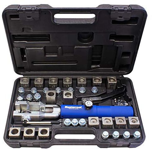 Mastercool 72485-PRC Universal Hydraulic Flaring Tool Set (Includes 3/8 and 1/2 Transmission Cooling Line Die and Adapter Sets) with Tube Cutter, Silver/Blue