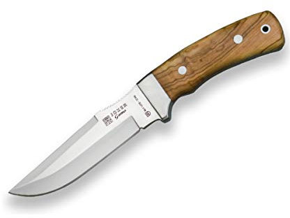 Joker Cuchillo de monte enterizo Gamo CO45 con cachas en madera de olivo y hoja MOVA de 13 cm, funda de cuero, herramienta de pesca, caza, camping y senderismo