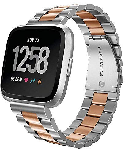 Cinturino in acciaio inossidabile per smartwatch Fitbit Versa, accessori per donne e uomini, argento e oro rosa, Acciaio inossidabile Metallo
