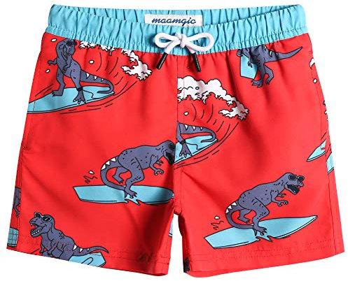 MaaMgic Badehose Jungen Sommer Badeshorts Schnelltrocknend Boardshorts mit Netzfutter Taschen und Verstellbarem Tunnelzug Urlaub Shorts Dinosaurier Rot,4 Jahre