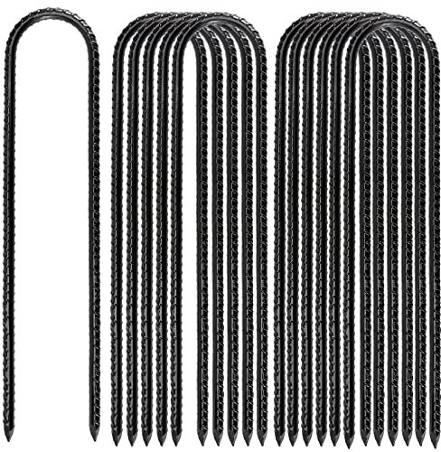 MUKCHAP 12 Pack 12 Inch U Shaped Rebar Stakes, Black U Rebar Hook, Heavy Duty Trampoline Wind Anchors Stakes for Camping Tents, Soccer Net