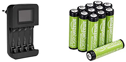 Amazon Basics Chargeur de Piles numérique et Intelligent, pour 4 Piles AA, AAA & Piles Rechargeables AAA, Pré-Chargées - Lot de 12
