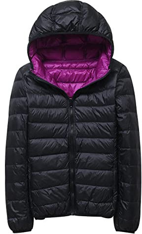 Piumino Reversibile Leggero Donna con Cappuccio - Puffer Jacket, Giacca Cappotto Giubbino Primaverile Taglie Forti - Down Jacket Nero Viola 3XL