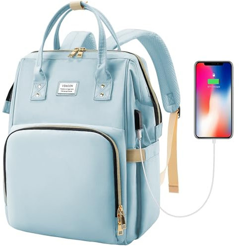 VSNOON Laptop Backpack for Women,15.6 Inch Stylish Backpack Wide Open, Travel Backpack with USB Charging Port, Casual Backpack Travel Business Work Bag Computer Bag for Men, Light Blue