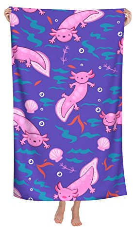 Ahdyr Mikrofaser-Badetücher 81 x 132 cm, sandfreies Cartoon-Axolotl-Strandtuch, extra große, hochsaugfähige Handtücher für Badezimmer, Duschtuch, superweich und umweltfreundlich