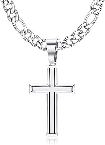 Krfy Kreuz Kette 925 Silber mit Figarokette aus Edelstahl Zarte Hochglanzpolierte Abgeschrägte Kante Kreuzanhänger Halskette Kreuzkette für Männer und Frauen 18/20/22/24/26/30 Zoll