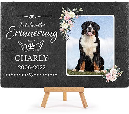 PfotenSchild Schieferplatte Gedenktafel für Hund & Katze - mit Foto und Name Bedrucken - In liebevoller Erinnerung - Tiergrabstein, wetterfest - Schiefertafel 20x30cm I personalisiert