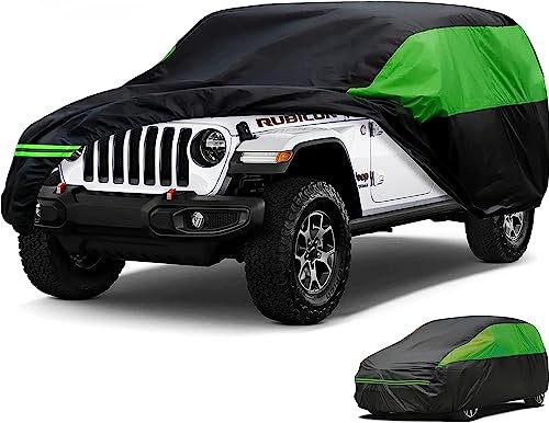 Big Ant Autoabdeckung für Jeep Wrangler 2 Tür, 210D Oxford Stoff Vollgarage mit Reißverschluss, wasserdichte Auto Abdeckplane für CJ, YJ, TJ und JK 2 Tür - Schwarz丨Grün