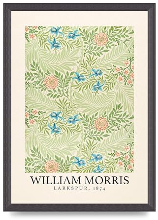 Lithobee - William Morris Larkspur 1874 - Printed Wall Art Design in Sizes A2, A3 & A4 Framed in a Stylish Quality Coloured Frame or Unframed (A3 Black Grain Frame)