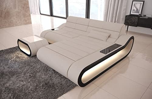Sofa Dreams Ecksofa Concept kurz - mit LED Beleuchtung, Ottomane/Mikrofaser/Ausrichtung wählbar (Ottomane rechts, Schwarz-Elfenbein)