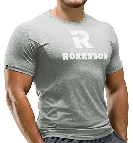 Rokksson Fitness T-Shirt für Herren - Kurzarm-Funktionsshirt, Slim Fit - Für Bodybuilding, Crossfit, Workout & Training - Atmungsaktiv & schnelltrocknend (Kieselgrau, L)