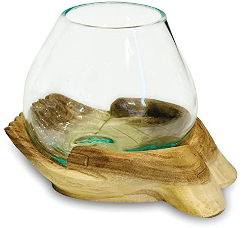 MAISONICA 19cm Double Hand Hope Molten Glass Round Bowl Rustic Teak Root Wood Base Decor Ornament Gift