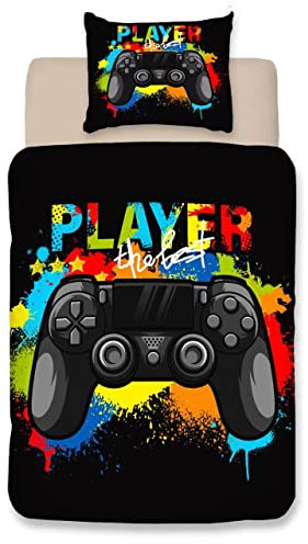 Wajade Game Controller Housse de Couette 135x200cm, Noir Tie Dye Gamer literie Set avec 1 taie d'oreiller 65x65cm, garçon Gamer Housse de Couette Set