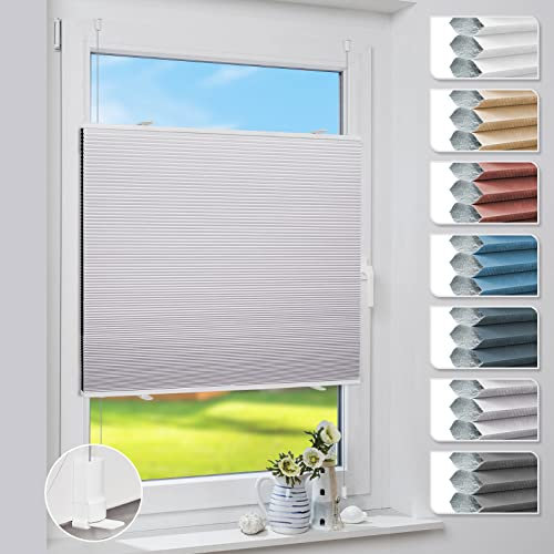 Deswell Plissee Verdunklung Klemmfix Wabenplissee B80 x H130 cm Hellgrau Thermoplissee ohne Bohren Faltrollo für Fenster & Tür, 100% Blickdicht, Sonnen-, Sicht- & Schallschutz Wärmeisolierung