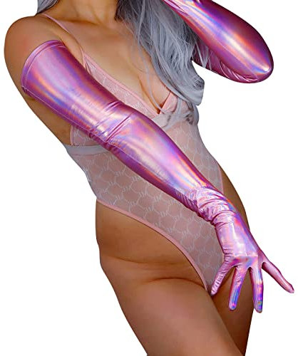 DooWay Holografische Abendhandschuhe für Damen, dehnbar, 70 cm, super lang, metallische Handschuhe für Kostüm, Rave, Dace, Party, Holografisches Rosa, 38