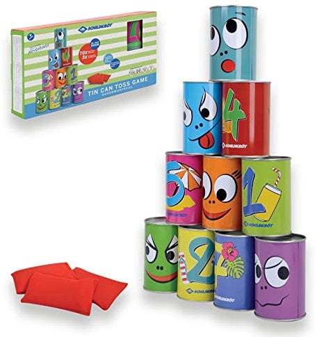 Schildkröt® Dosenwerfen Kinder, Dosenwurfspiel Kindergeburtstage, Büchsenwerfen Garten, 10 Metalldosen & 3 Wurfsäckchen, Wurfspiel für Drinnen & Draußen
