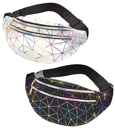 Fhioevt 2 Stück Gürteltasche Damen Bauchtasche Festival Bauchtasche Glitzer Hüfttasche Wasserdicht Bauchtasche Sport Hüfttaschen für Alltag Laufen Outdoor Reisen (Schwarz, Silber)