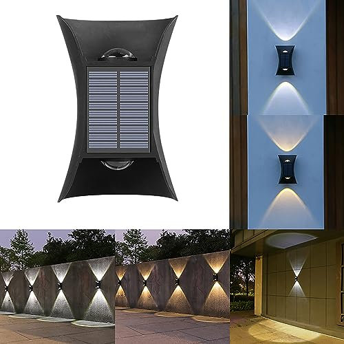SUAVER Solar Wandleuchte Aussen, 4LED Up and Down Leuchten Solarleuchte Außen Led Beleuchtung Wasserdichte 2 Farbe Beleuchtung Decor Gartenleuchte Zaun Beleuchtung für Balkon Terrasse (2Stück)