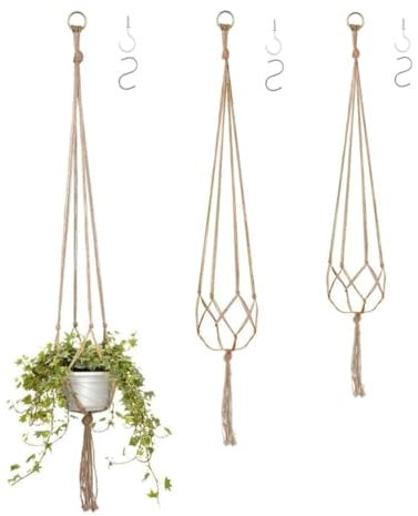 JZK 3 ganci per piante in macramè da 90 cm, 100 cm, 120 cm, con gancio, in corda di iuta, fioriera da appendere con nappa, cesto da appendere per interni per piante da appartamento