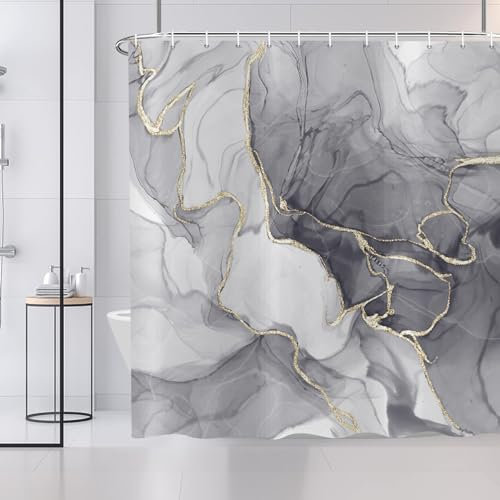 ASDCXZ Marmor Duschvorhang 180x200 cm, Modern Abstrakt Grau Gold Weiß Marmor Optik Textur Waschbar Bad Duschvorhänge Polyester Textil Wasserdicht Duschvorhang für Badewanne mit 12 Haken