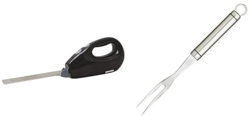 Daewoo Electric Carving Knife, Cuts Effortlessly Through Meats And Frozen Foods With Durable Twin Blades, Black & KitchenCraft KCPROMF Professional Meat Serving Fork, Stainless Steel, 25 cm, Silver