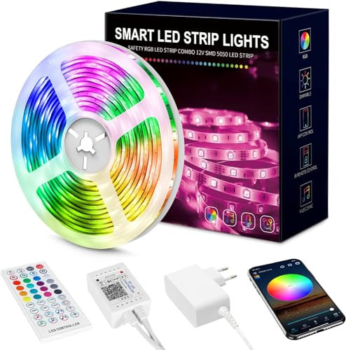 Beaeet Striscia LED 15 Metri, Luci LED 5050 RGB per Camera, con Telecomando a 40 Tasti e Controllo tramite APP Bluetooth, Ideale per Natale, Matrimoni e Feste (15m*1)