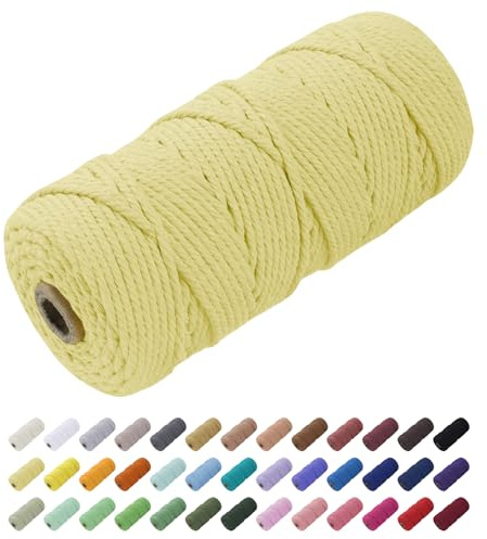 Uiopa Corde Macramé 3mm x 100m, Fil Macramé Coton Corde Coton Naturelle, Ficelle Cordon Macramé Cordelette 3mm pour Tenture Murale, Porte Plante Mural, Rideau, Décoration Bohème (Jaune Clair)