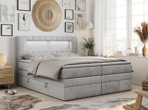 MKS MEBLE Boxspringbett 140x200 Modern Polsterbett mit LED und Kopfteil, Multipocket Matratze H3 mit Topper T25, Doppelbett mit Bettkasten Stauraumbett - GOLD-5-KING - Hellgrau Velvet