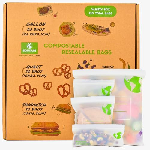 Biofuture Biodegradable Sandwich Bags – XL to Small Compostable Freezer Storage Baggies in Various Sizes | Double Seal, Leakproof | EN13432 Certified Eco-Friendly | Food Pack Variety, 230 Bags