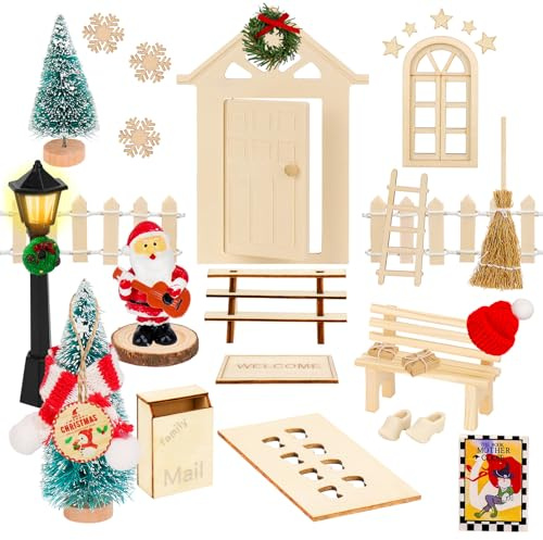 Hysagtek Juego completo de 32 accesorios para puerta de gnomos con luz, juego de construcción de madera con botas, farol, árbol de Navidad, escalera de madera para Navidad