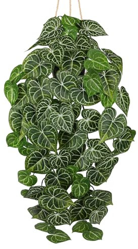 Arborus 94 cm Künstliche Hängepflanzen im Topf Anthurium Crystallinum Kunstpflanze im Topf Hängende Kunstpflanze Plastikpflanzen Hängend Dekopflanzen für Regal Esszimmer Wohnzimmer Deko