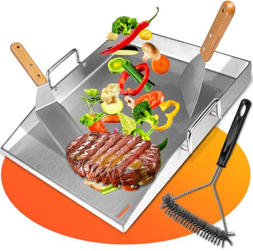 Piastra acciaio per barbecue, 40 x 30 cm Plancha Grill in acciaio inox, adatto per barbecue a gas e carbone, Contiene pala e spazzola