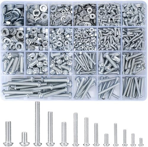 TOP-VIGOR 1080Pcs Round Head Screws Nuts Flat Washers Assortment Kit, M3 M4 M5 M6 Cross Pan Head Machine Screws and Hex Bolts and Nuts Sets for Door Handle, Light Fixture Home Repairs, Fixtures