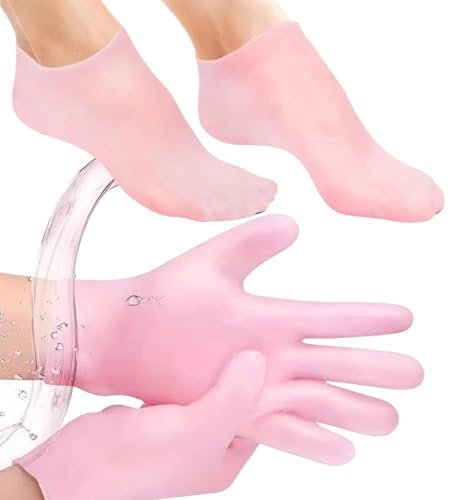 2 Pairs Pink Silicone Moisturizing Glove Socks Set,Anti Slip Soft Silicone Socks Glove for Repairing Dry Feet Hand,Silic-one Socks for Moisturising Feet,Reusable Moisturiser So-CKS Glo-ve for Women
