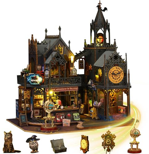 Mostop DIY Miniature House,Miniatur Haus, Holz puppenhaus-Bausatz MiniaturhausBausatz mit LED-Licht,Kreative Raum-Idee für Erwachsene Magisches Haus DIY-Bausätze (Holo Magic City 2)