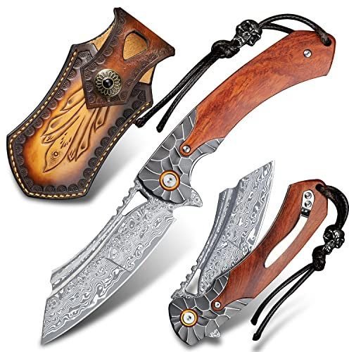 ALVELY Herren Taschenmesser Damaszener Stahl Handgefertigtes Klappmesser，3.5 in Klinge Palisander Griff，mit Lederetui ，Liner Lock Stahl Kugellager，Taschenclip ，EDC Camping Outdoor Survival Messer