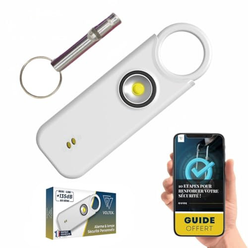 VOLTEK kit sifflet et Alarme personnelle (Blanc) Femme Defense + detecteur Porte et fenêtre autodéfense Auto Alarme Mini Autonome + sifflet Urgence personnelle Lampe puissante 135 DB, USB-C, Guide