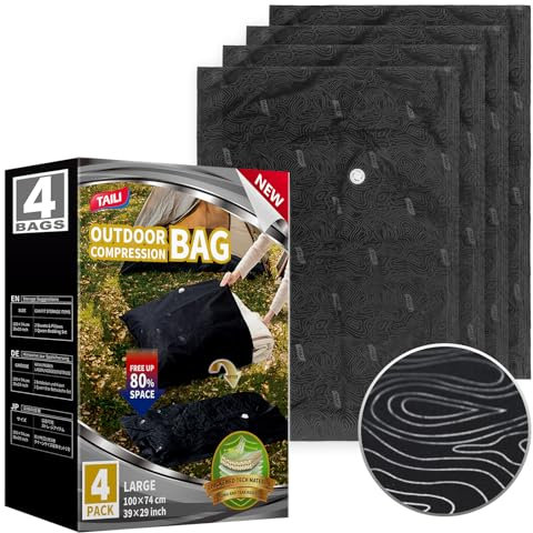 TAILI Vacuum Storage Bags Outdoor 4 Pack Jumbo 100 x 74 CM Tear-Proof Travel Vacuum Bags Reusable Compression Bags for Travel, Clothing, Camping Waterproof, Wearproof, Punctureproof