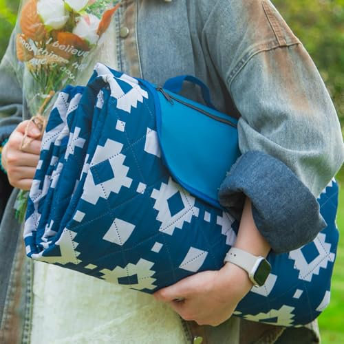 OESSUF Picknickdecke wasserdicht 200x200, extra große Picknickdecke XXL Stranddecke sandfrei tragbar maschinenwaschbar lagerbar faltbar für Camping und Wandern Blau