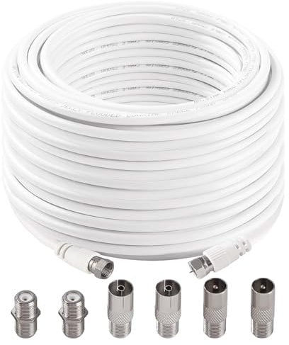 KUOQIY 20m 75 Ohm Cable Coaxial RG6, F Macho a F Macho Alta Velocidad Cable Antena TV RG6, con 6 Piezas Acopladores de Extensión, para Caja de Cables, TV, Satélite, Enrutador Digital