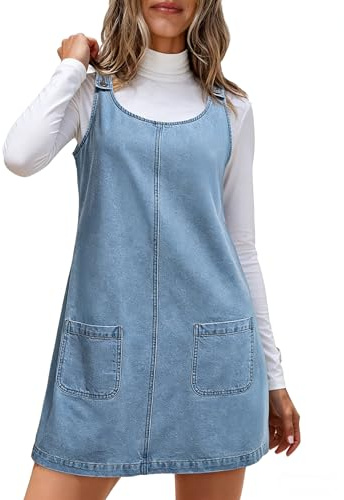 Dokotoo Denim Dress Womens Casual Sleeveless Crewneck Western Jean Dress Cowgirl Outfits Country Plus Size Summer Outfits Denim Overalls for Women Babydoll Mini Shift Jumper Dresses Beau Blue L
