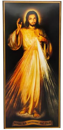 Lunexus Wandbild Barmherziger Jesus 34,5x15,5 cm - Massivholz, gesegnet | Gesegnetes Holzbild mit Zertifikat - Kunstdruck auf Massivholz - Barmherziger Jesus Motiv - Taufe, Kommunion, Hochzeit