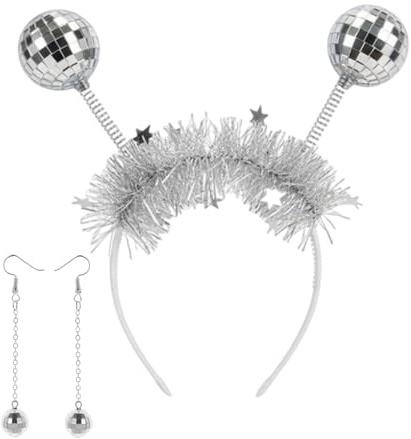 XDGBGFN Discokugel Haarreif Silber Alien Haarreif mit Discokugel Ohrringe Disco-Accessoires für 70er 80er Cosplay, Karneval, Mottoparty, Maskerade