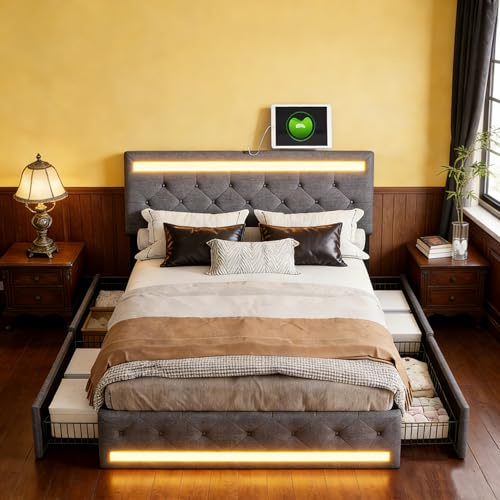 BRYXR Bett 140 x 190, Doppelbett mit LED-Beleuchtung, 4 Rollenden Schubladen und USB-Ladeanschlüssen, Verstellbarem Kopfteil, Jugendbett, Ohne Matratze