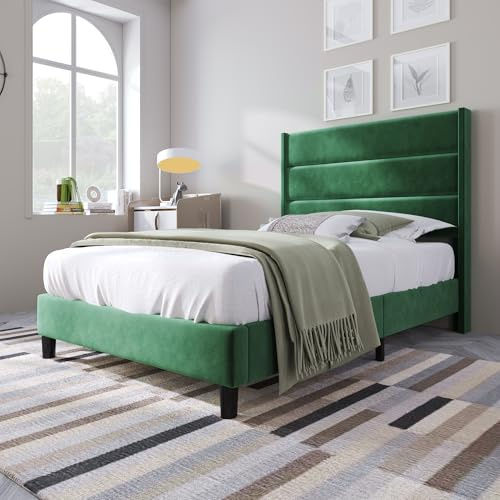 Abosbeet Samt-Polsterbett Einzelbett 90x200 cm – 3-Fach gepolstertes Kopfteil (Komfortables Anlehmoppel), bodenschützende Bettfüße, 16cm Stauraum unter Bett, Dunkelgrün