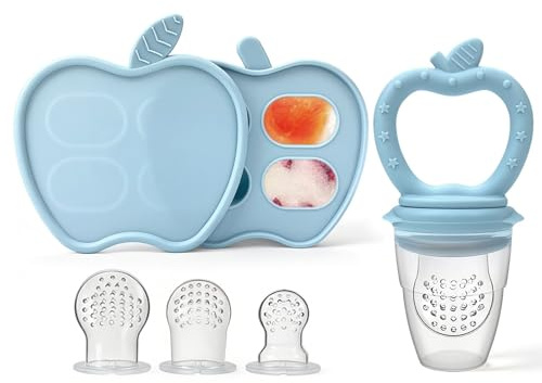 Fruchtsauger Baby, Silikon Obstschnuller (mit Eiswürfelform), für Obst Gemüse Brei Beikost, Babybrei Einfrieren Behälter für Babynahrung Muttermilch, Beißring Zahnungshilfe, BPA-Frei (Blau)